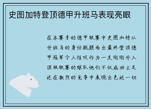 史图加特登顶德甲升班马表现亮眼